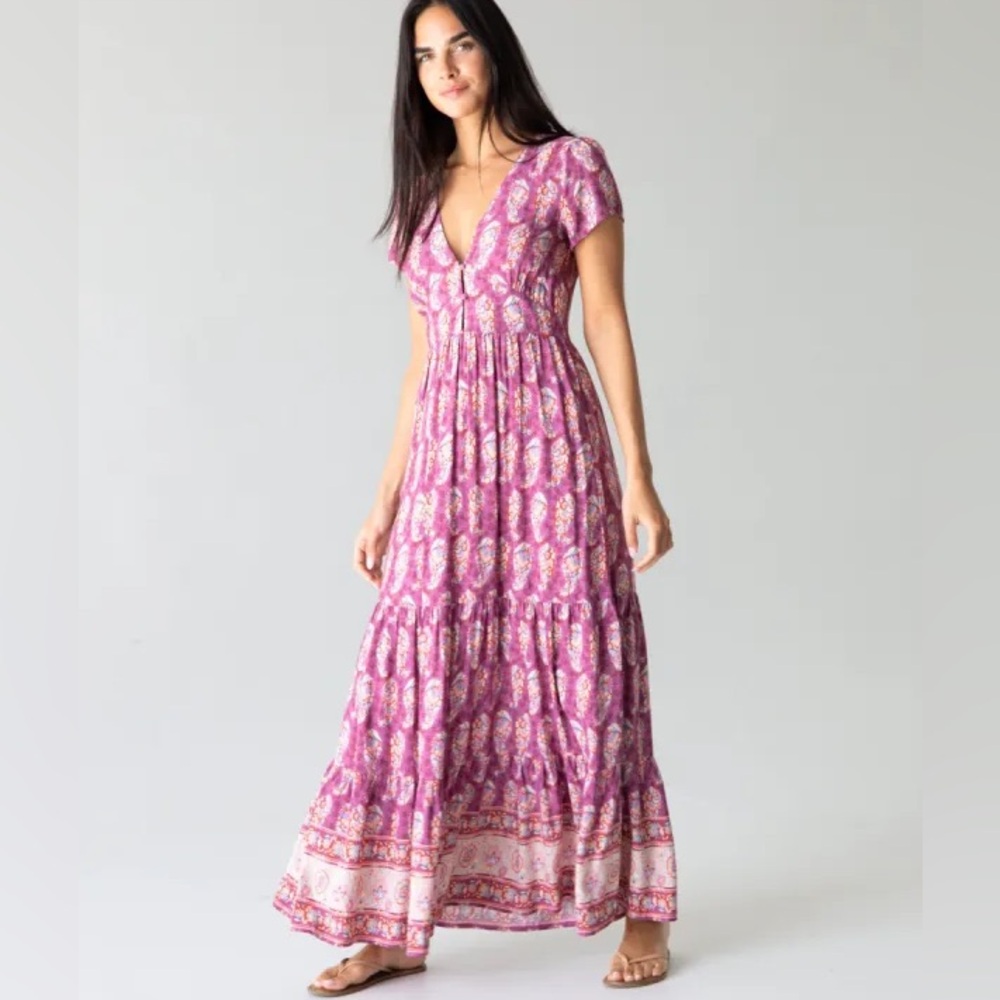 NWT Natural Life Evangeline V-Neck Maxi Dress - Purple Border